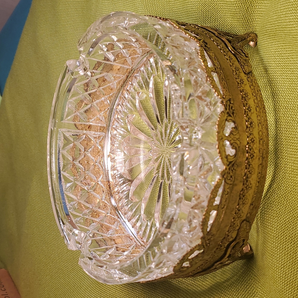 Vtg Gilded Ormolu Filigree Cut Crystal Ashtray Hollywood Regency 60s
